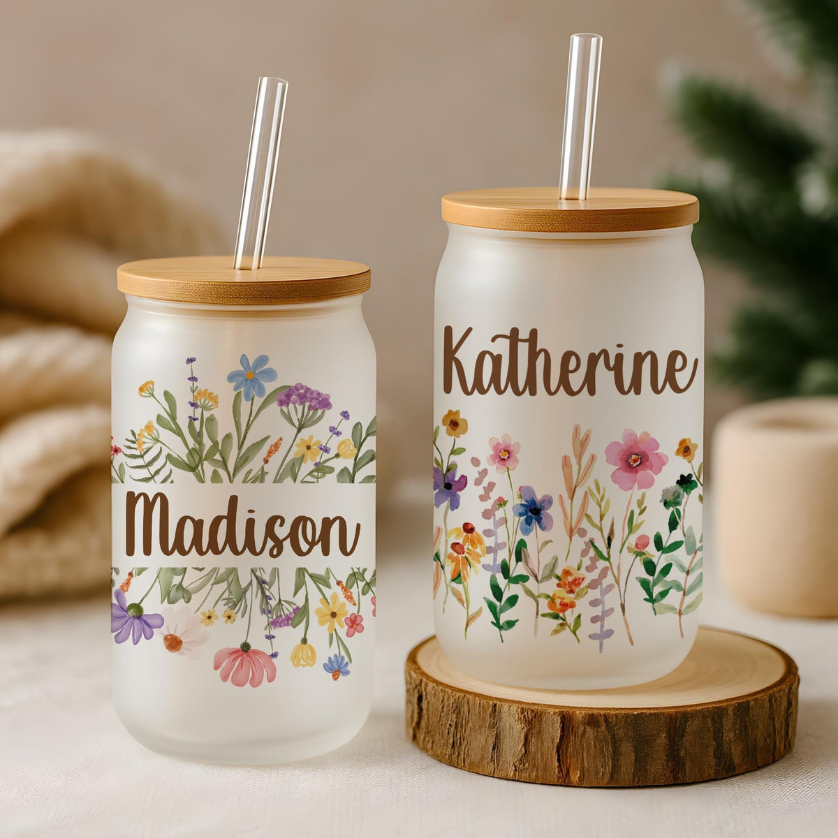 Personalized Wildflower Cup with Bamboo Lid & Straw, Custom Name Botanical Can Glass Tumbler