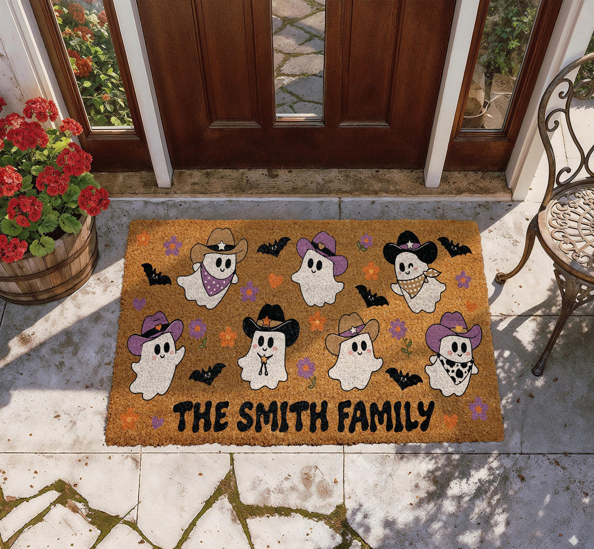Custom Family Name Spooky Western Doormat, Personalized Halloween Cowboy Ghosts Welcome Mat