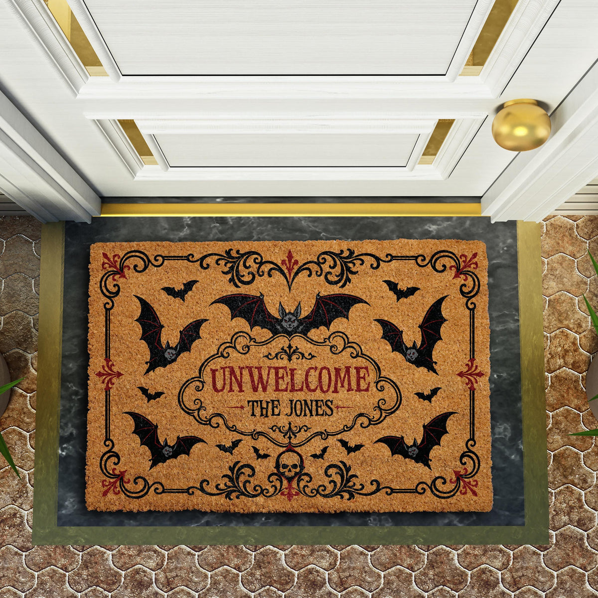 Personalized Gothic Bats Unwelcome Mat, Custom Last Name Halloween Doormat