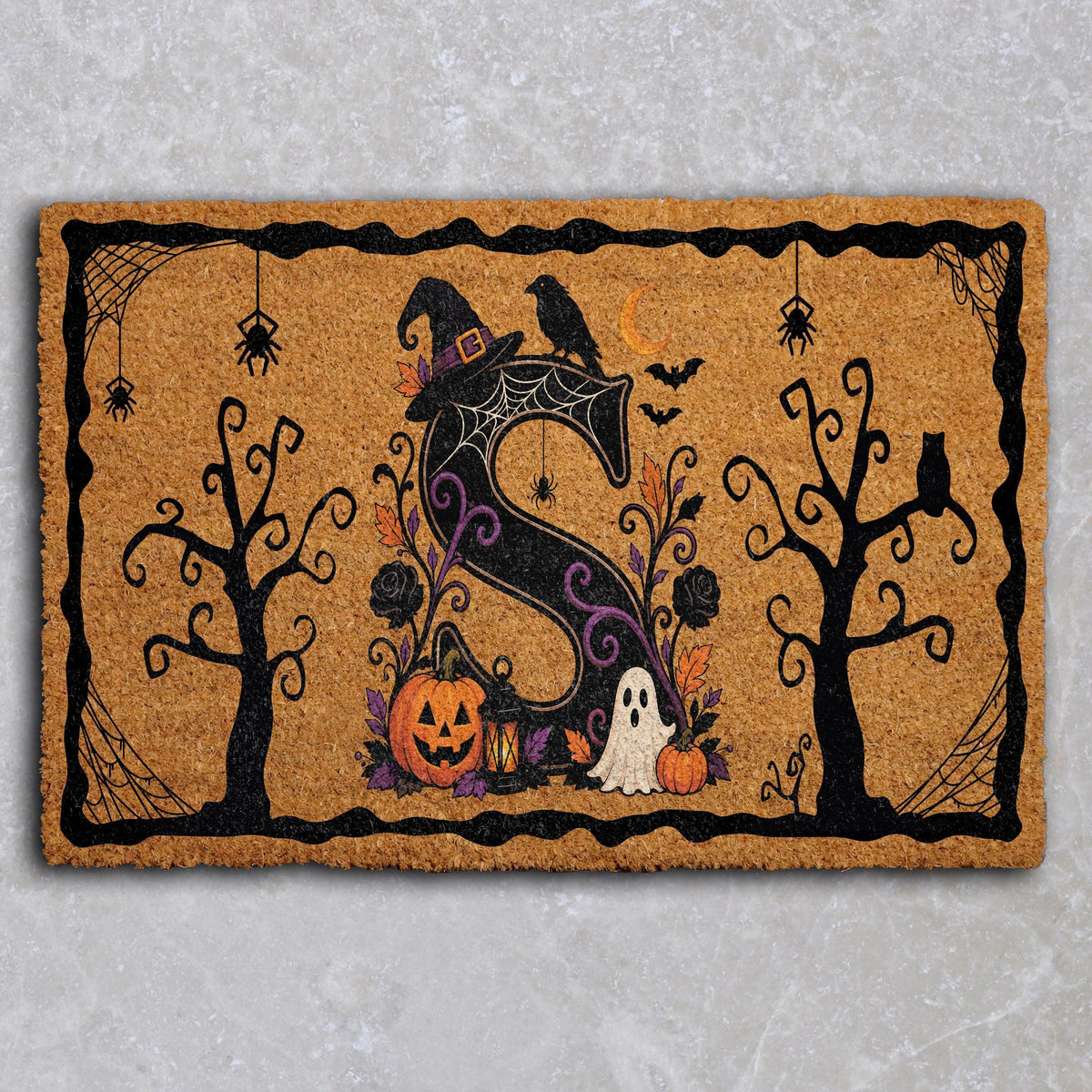 Custom Initial Letter Witchy Doormat, Personalized Halloween Monogram Welcome Mat