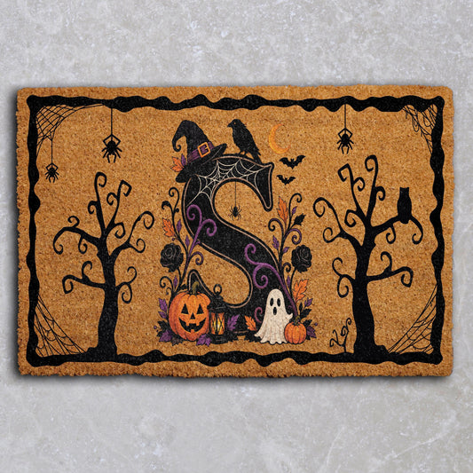 Custom Initial Letter Witchy Doormat, Personalized Halloween Monogram Welcome Mat