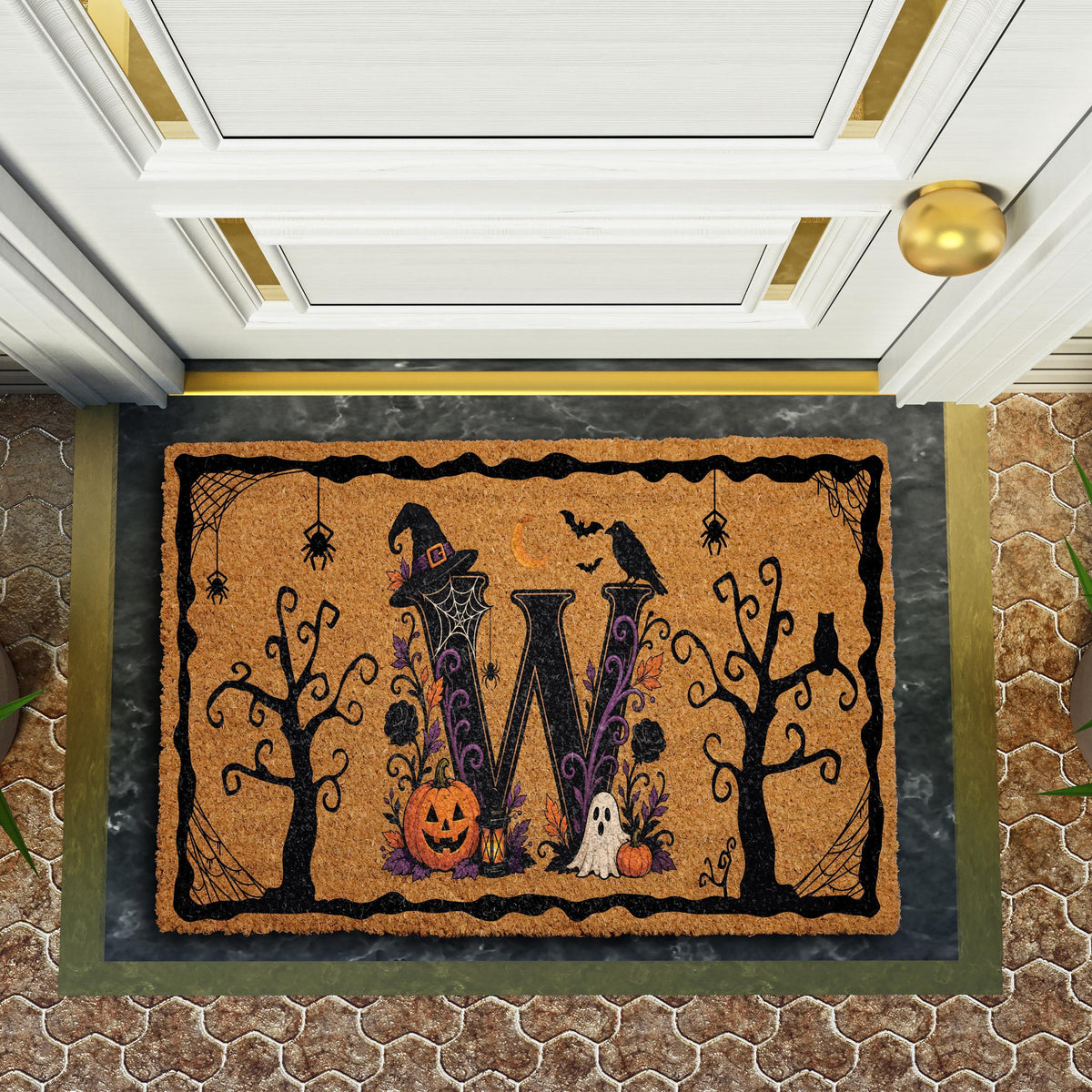 Custom Initial Letter Witchy Doormat, Personalized Halloween Monogram Welcome Mat