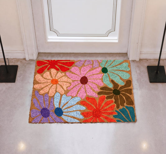 Retro Rose & Daisy Flowers Doormat, Colorful Boho Chic Welcome Mat
