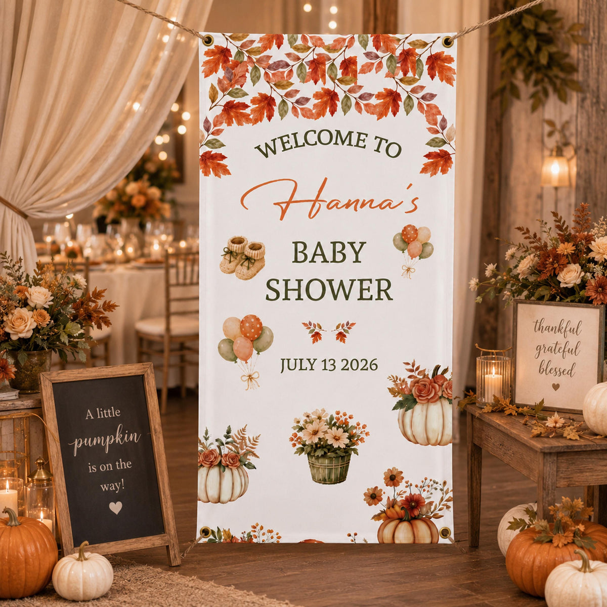 Fall Baby Shower Banner, Autumn Welcome Party Decor, Vinyl Material
