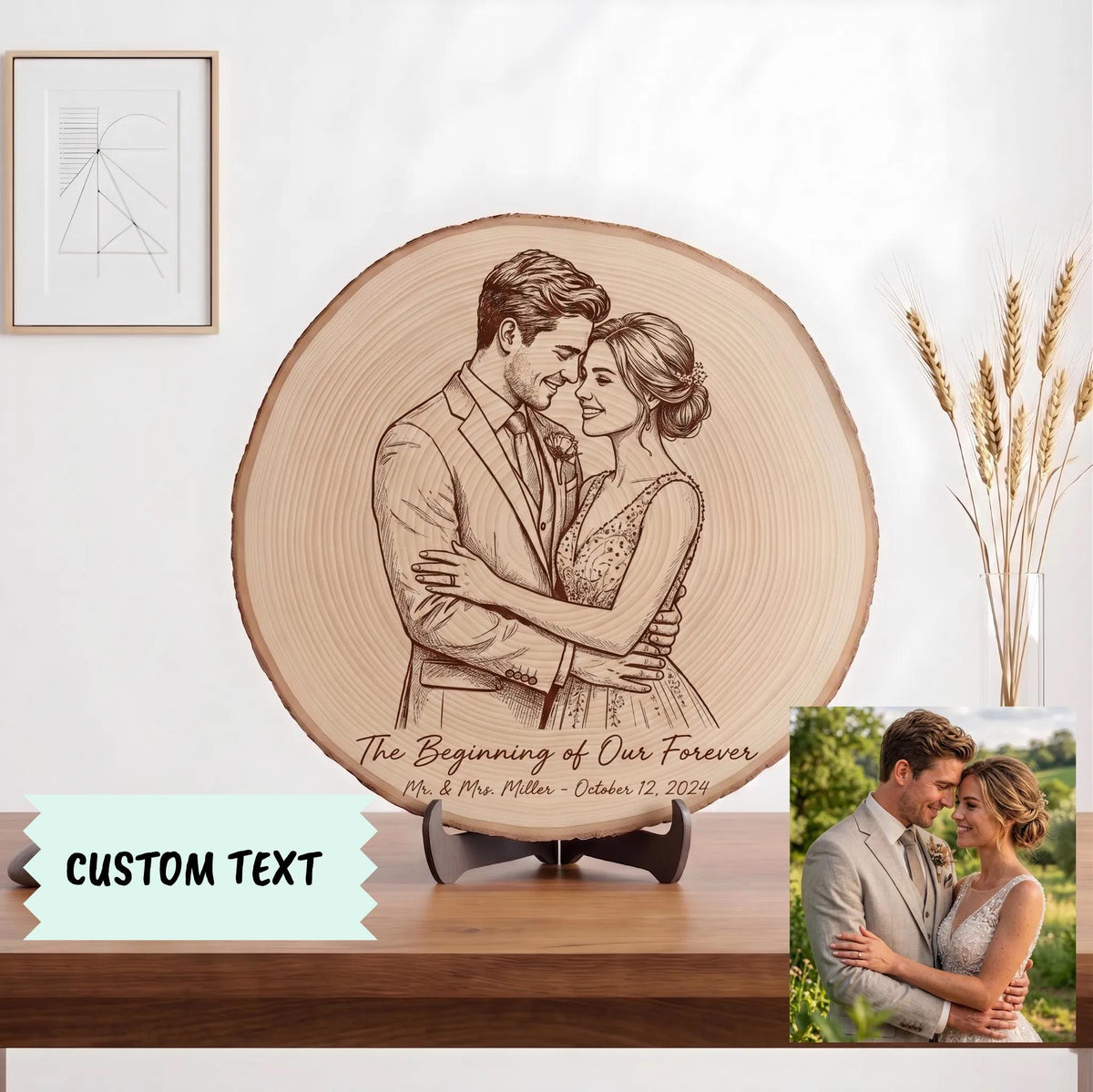 Personalized Wedding Photo Wood Slice, Custom Engraved Couple Portrait Plaque