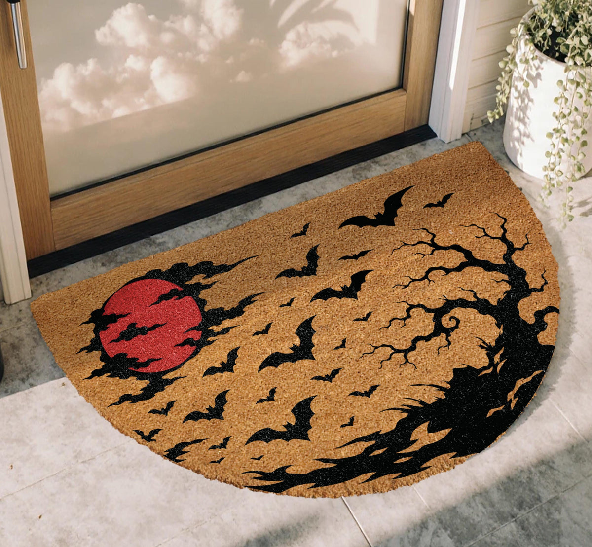 Gothic Swamp & Bats Design Half Moon Doormat, Blood Moon Halloween Welcome Mat