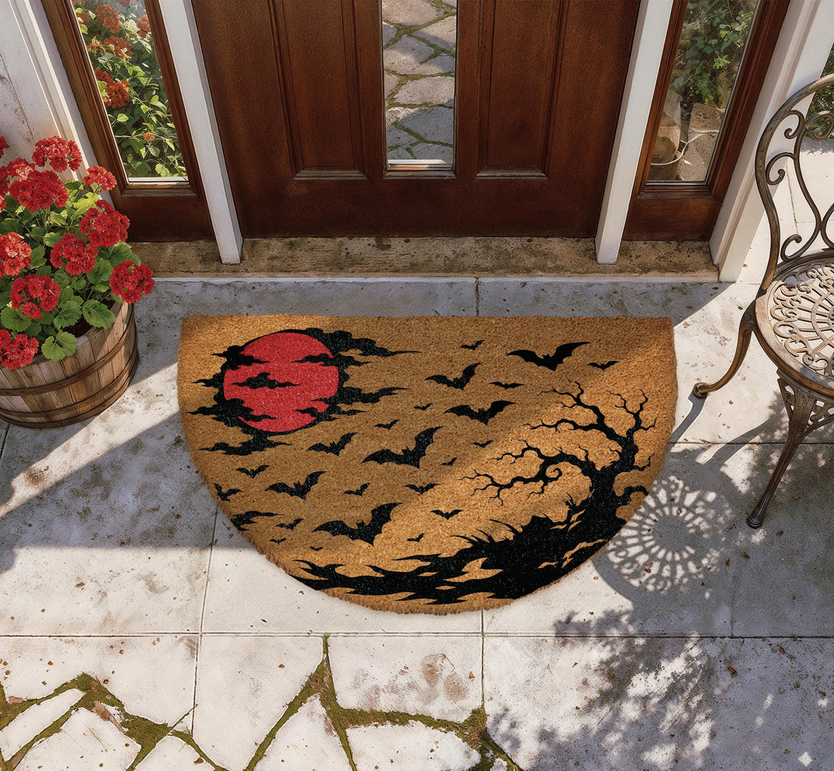 Gothic Swamp & Bats Design Half Moon Doormat, Blood Moon Halloween Welcome Mat