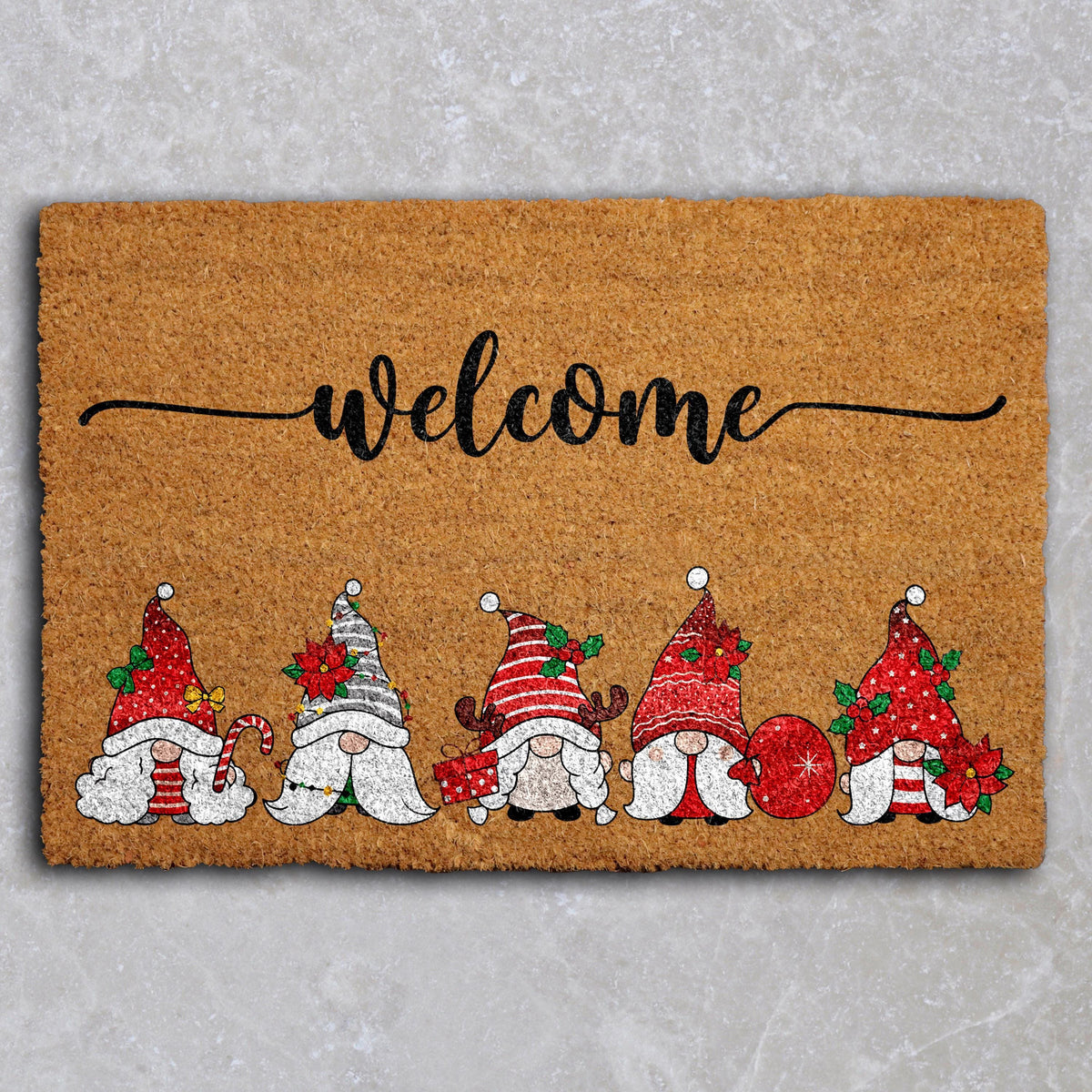 Funny Christmas Gnomes Welcome Mat, Winter Festive Cute Seasonal Doormat