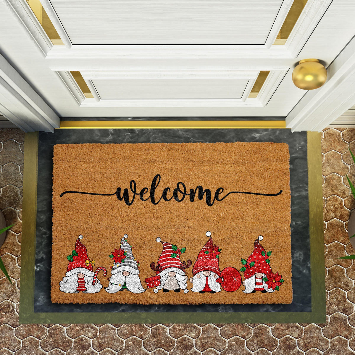 Funny Christmas Gnomes Welcome Mat, Winter Festive Cute Seasonal Doormat