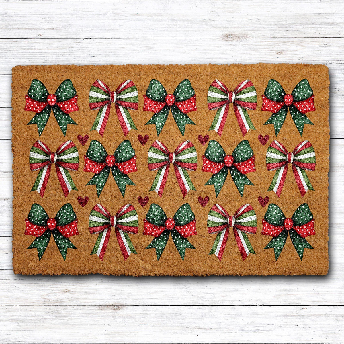 Festive Red Green Ribbons Pattern Doormat, Christmas Bows Design Welcome Mat
