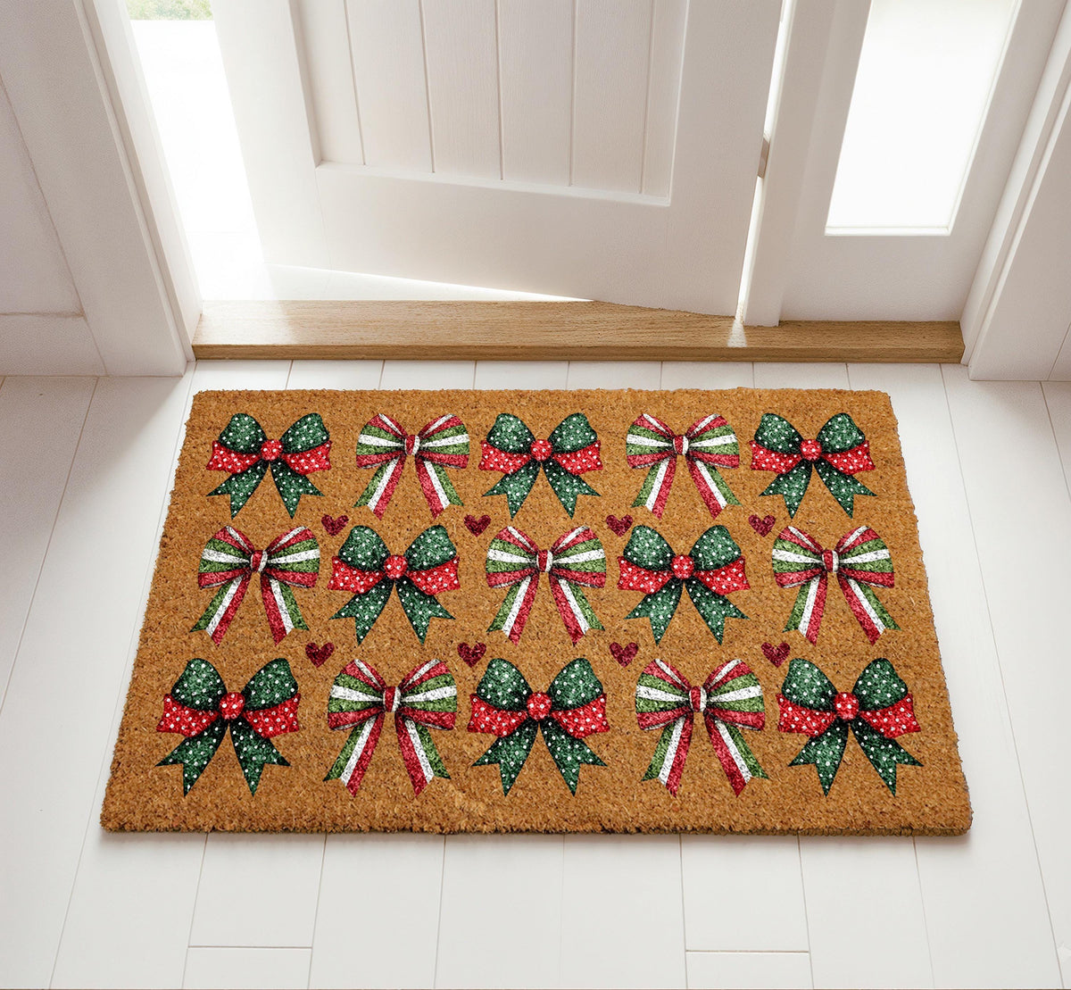 Festive Red Green Ribbons Pattern Doormat, Christmas Bows Design Welcome Mat