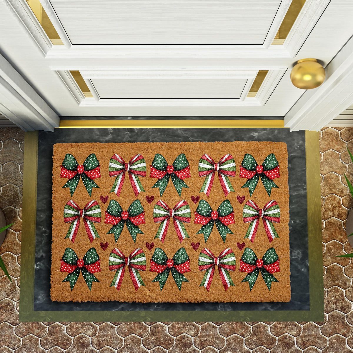 Festive Red Green Ribbons Pattern Doormat, Christmas Bows Design Welcome Mat