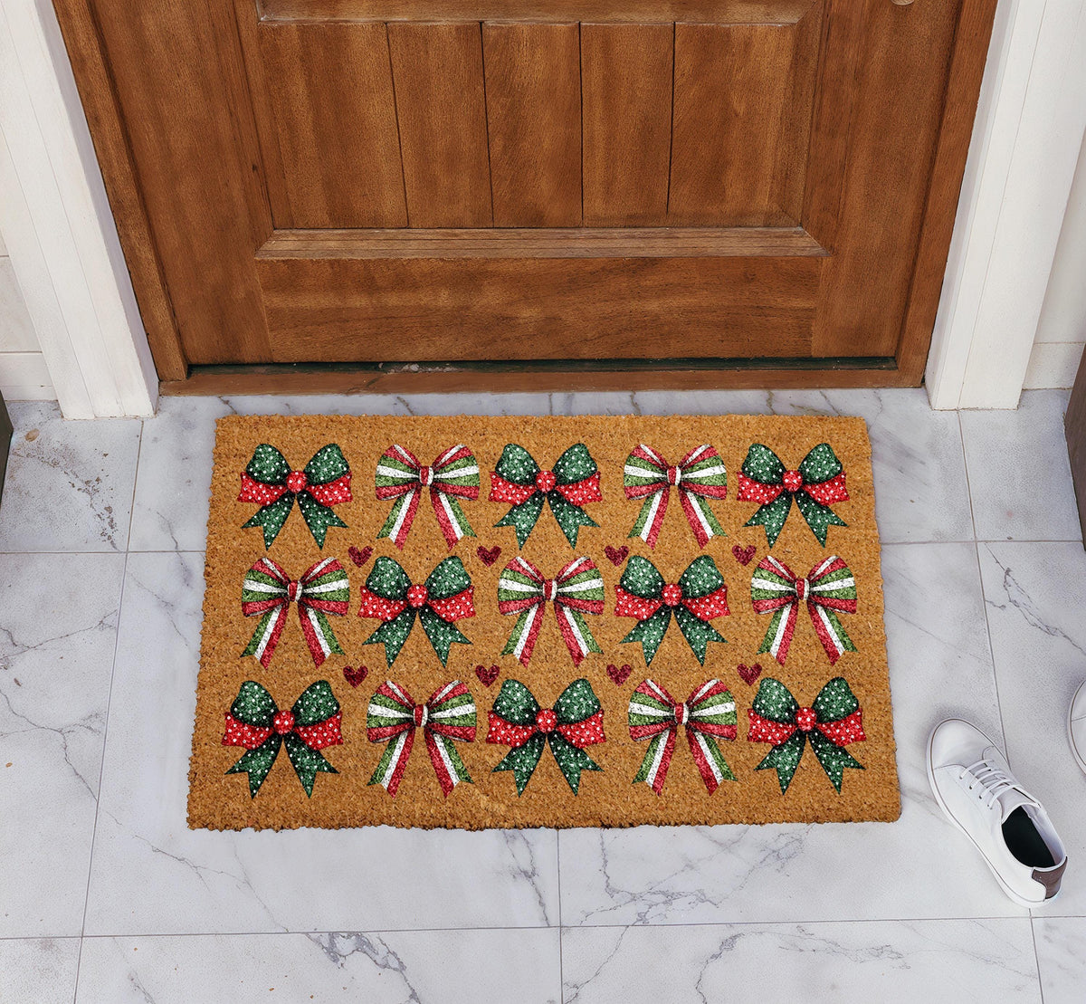 Festive Red Green Ribbons Pattern Doormat, Christmas Bows Design Welcome Mat