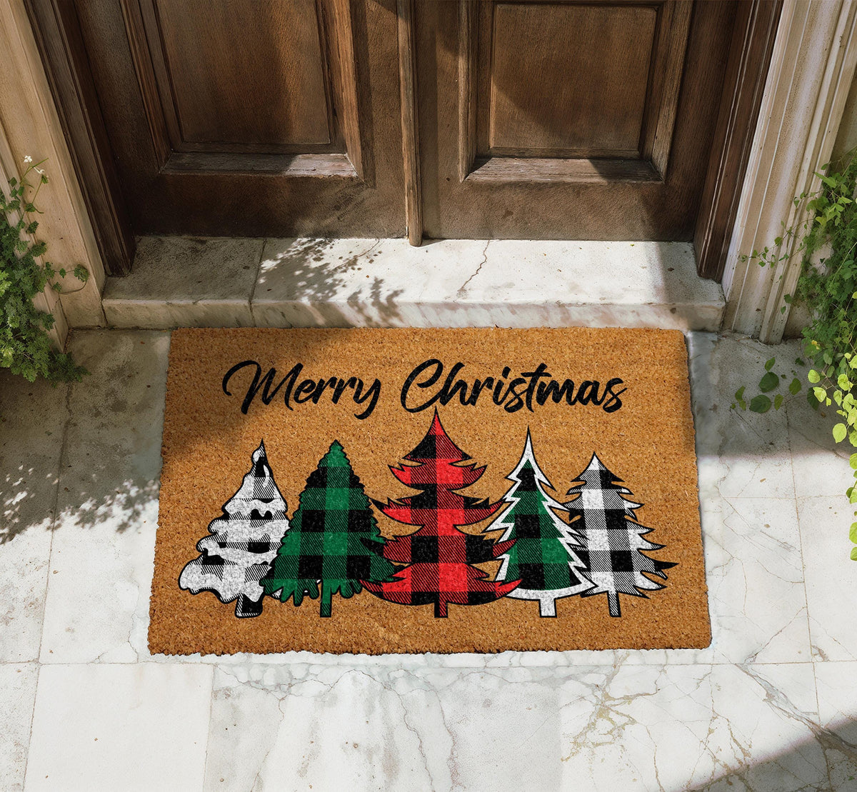 Merry Christmas Buffalo Plaid Tree Doormat, Plaid Christmas Trees Welcome Mat