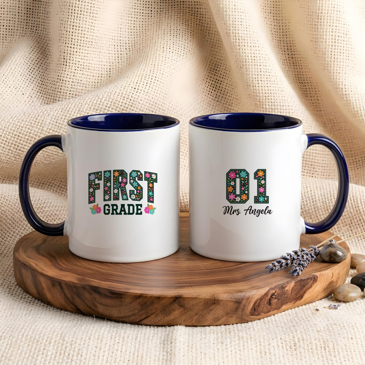 Personalized Floral First Grade Teacher Mug, Custom Floral Letter 1st Grade Educator Coffee Cup