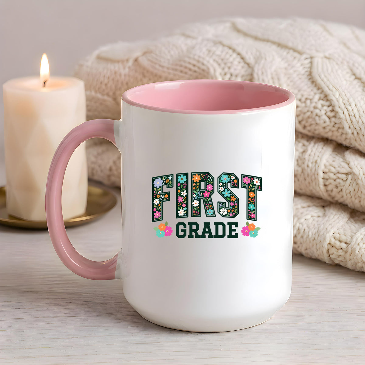Personalized Floral First Grade Teacher Mug, Custom Floral Letter 1st Grade Educator Coffee Cup