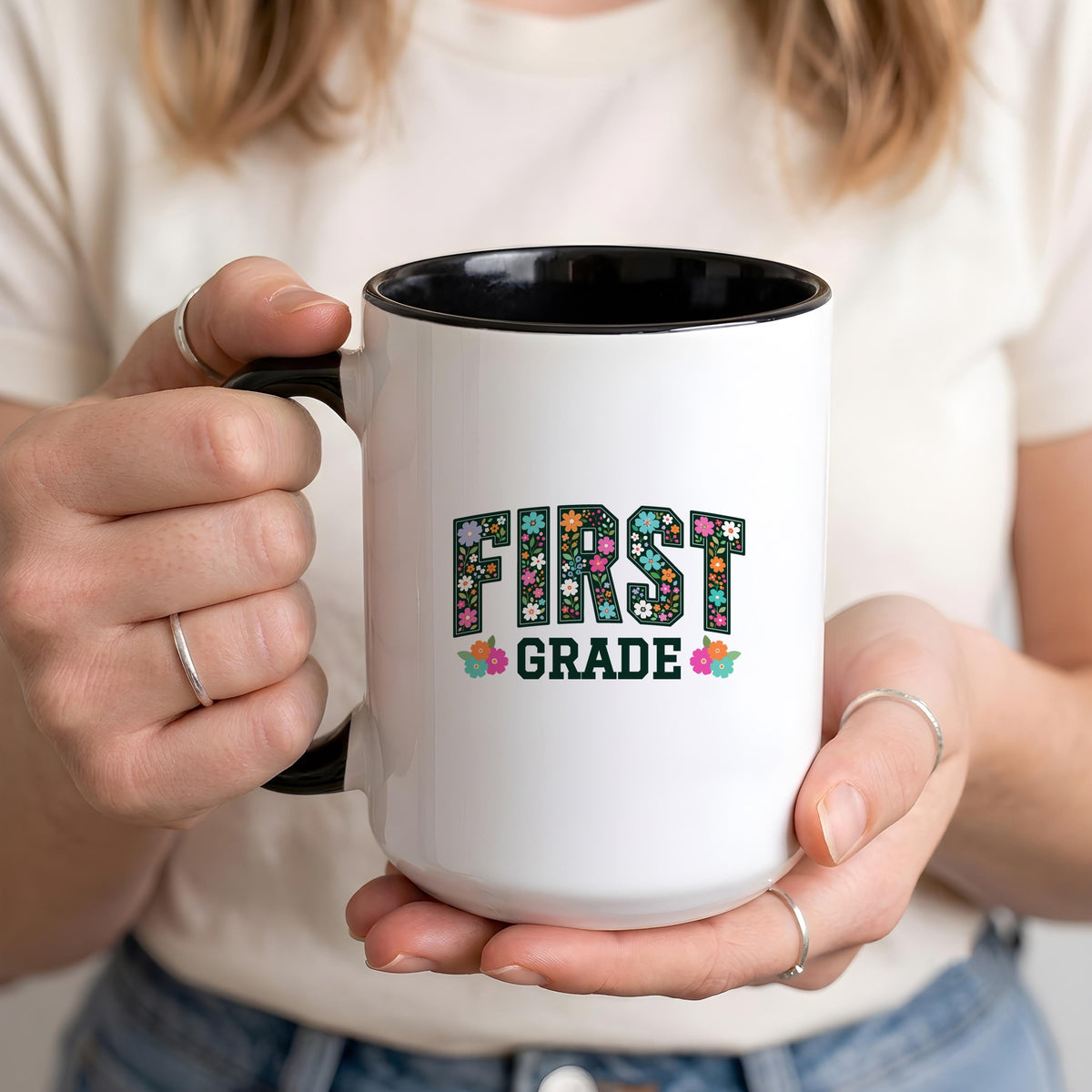 Personalized Floral First Grade Teacher Mug, Custom Floral Letter 1st Grade Educator Coffee Cup