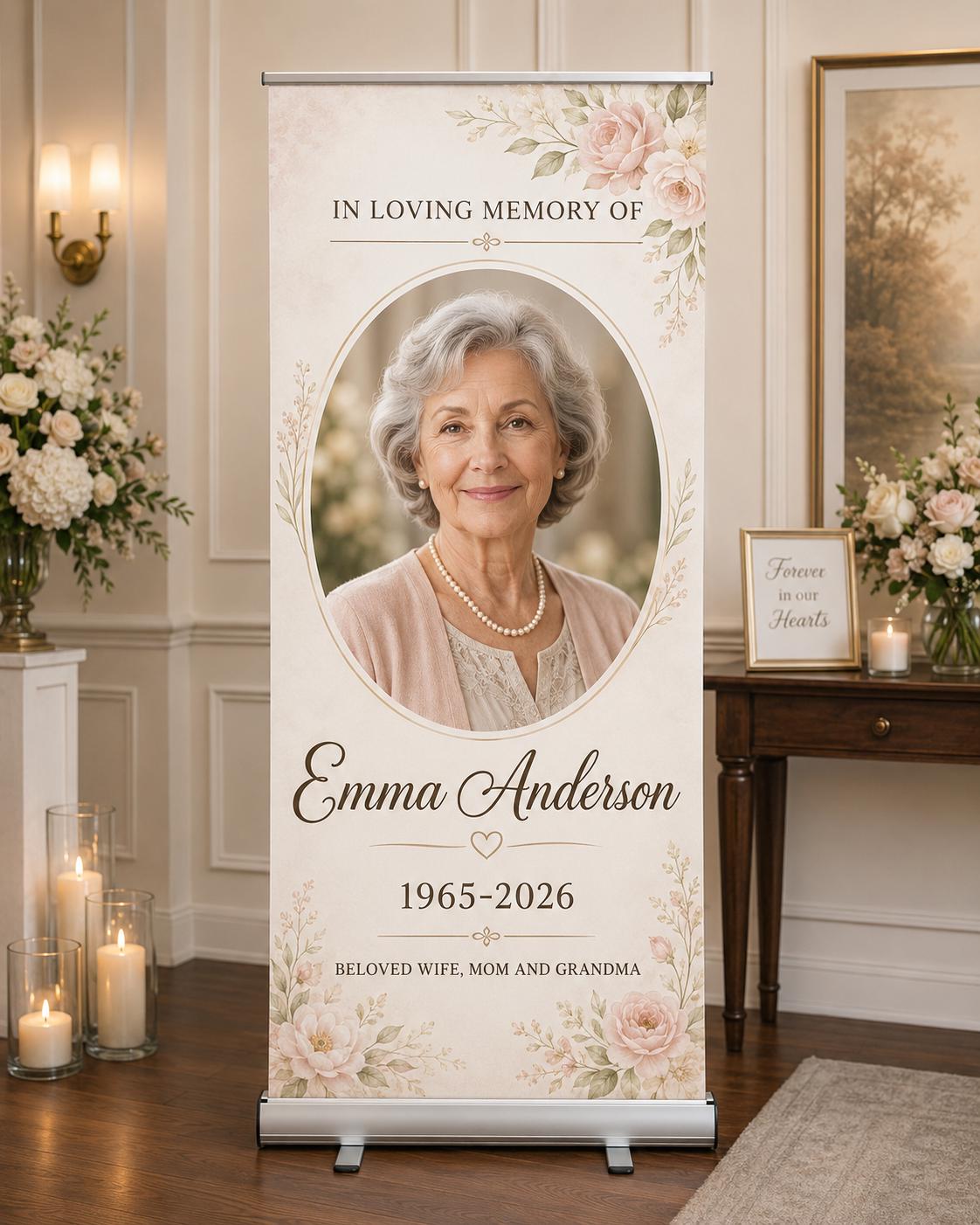 Memorial Retractable Banner, Personalized Photo Tribute Display (33x80'')