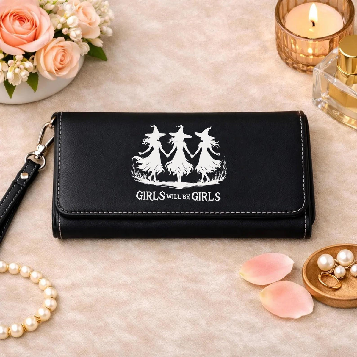 Girls Will Be Girls Witches Wallet, Engraved Vegan Leather Halloween Wristlet
