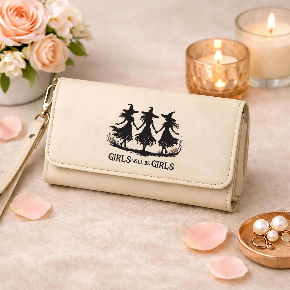 Girls Will Be Girls Witches Wallet, Engraved Vegan Leather Halloween Wristlet
