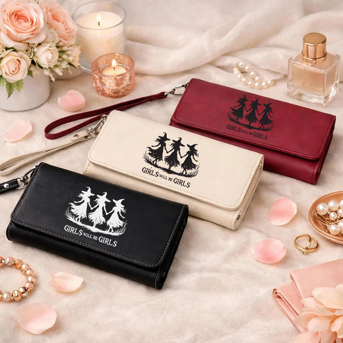 Girls Will Be Girls Witches Wallet, Engraved Vegan Leather Halloween Wristlet