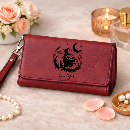 Personalized Floral Witch Wallet, Engraved Vegan Leather Halloween Purse