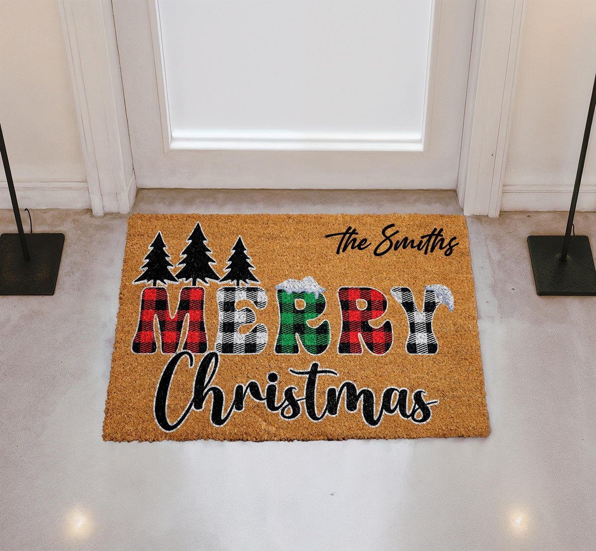 Personalized Merry Christmas Doormat, Custom Family Name Plaid Pattern Welcome Mat