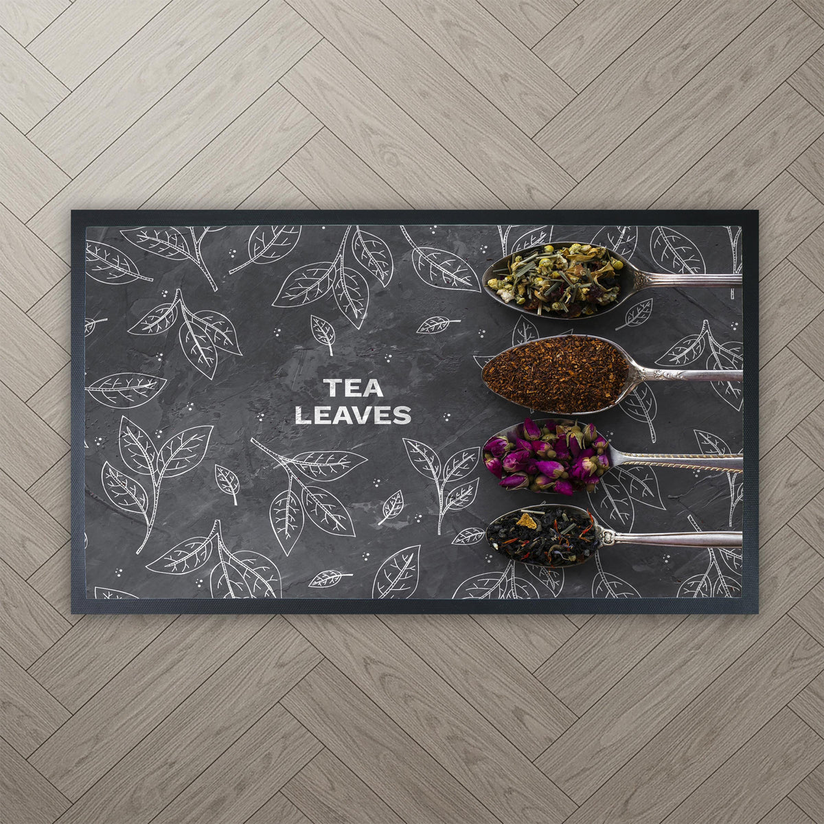 Tea Leaves Kitchen Floor Mat, Sublimation Printed Herbs Spoon Decor Rug