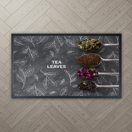 Tea Leaves Kitchen Floor Mat, Sublimation Printed Herbs Spoon Decor Rug