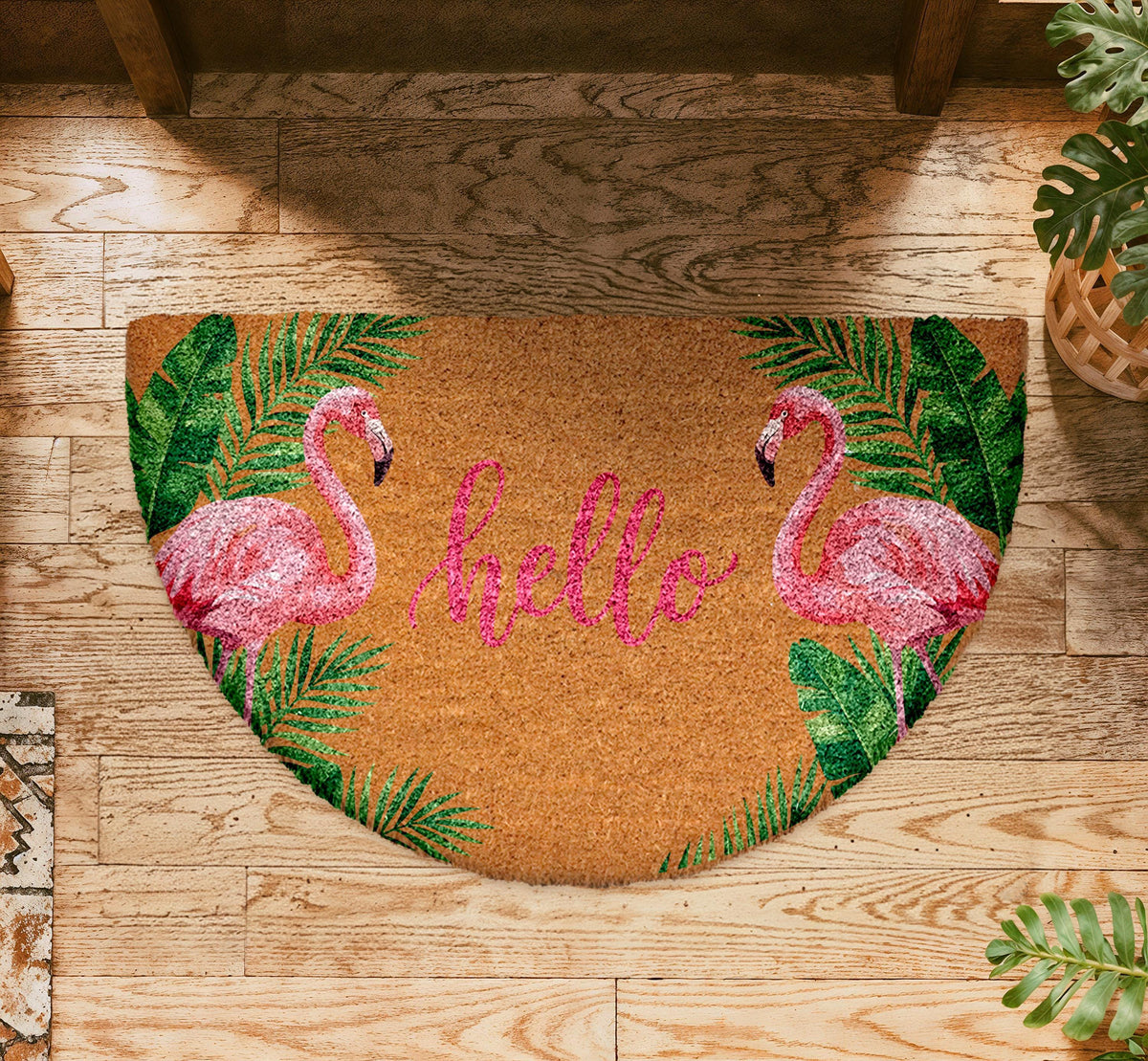 Pink Flamingo Welcome Doormat, Tropical Vibe Natural Coir Mat, Tropical Leaves Welcome Mat