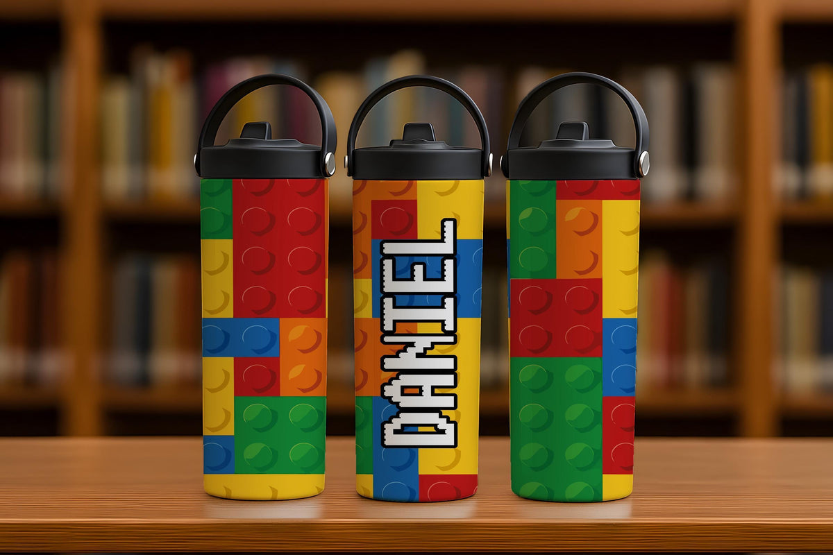 Personalized Building Block Kids Water Bottle, Custom Name Brick Toy Design Kids Tumbler