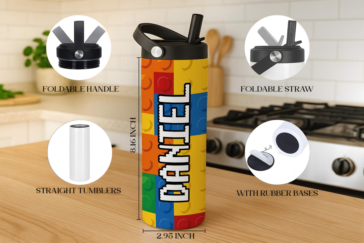 Personalized Building Block Kids Water Bottle, Custom Name Brick Toy Design Kids Tumbler