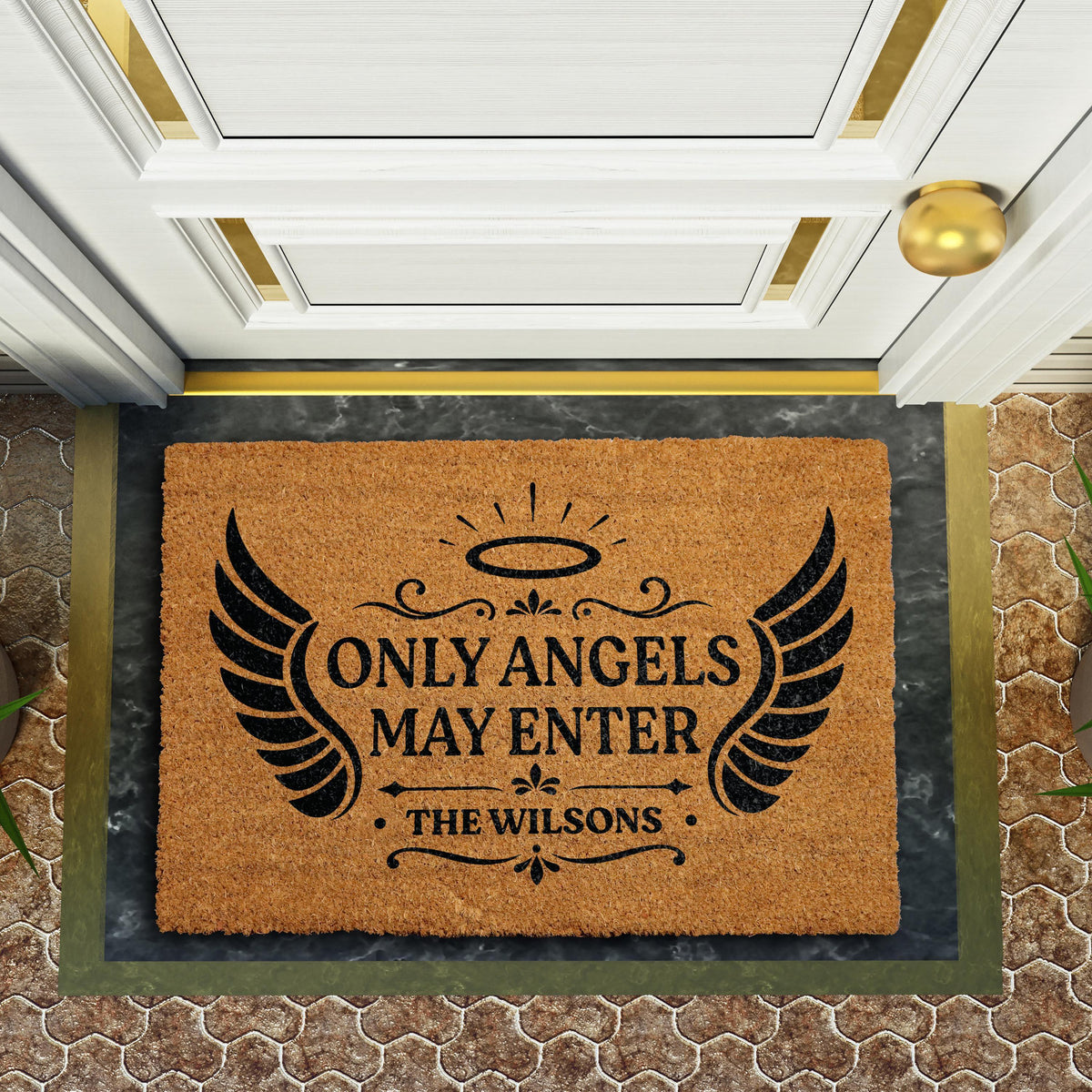 Custom Family Name Only Angels May Enter Doormat, Personalized Heavenly Quote Welcome Mat