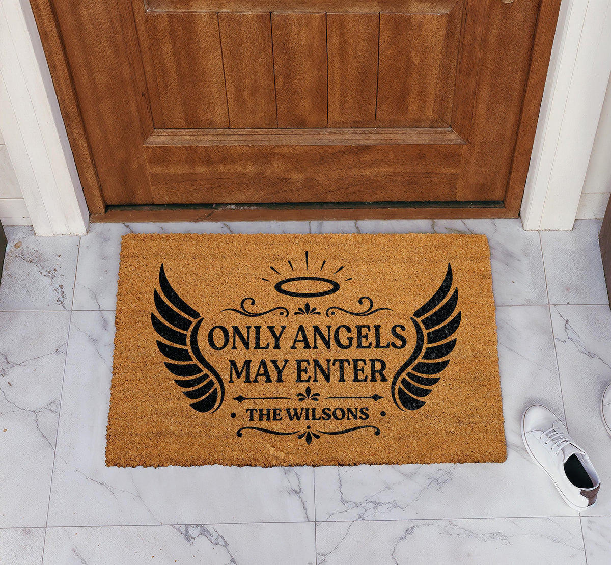Custom Family Name Only Angels May Enter Doormat, Personalized Heavenly Quote Welcome Mat