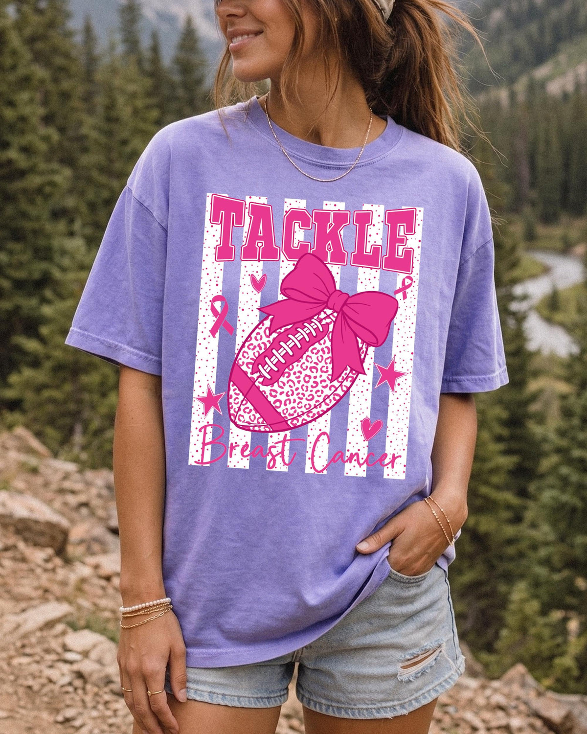 Breast Cancer Football Comfort Colors® Shirt, Tackle Bow Breast Cancer Tee, Pink Ribbon Sport T-shirt