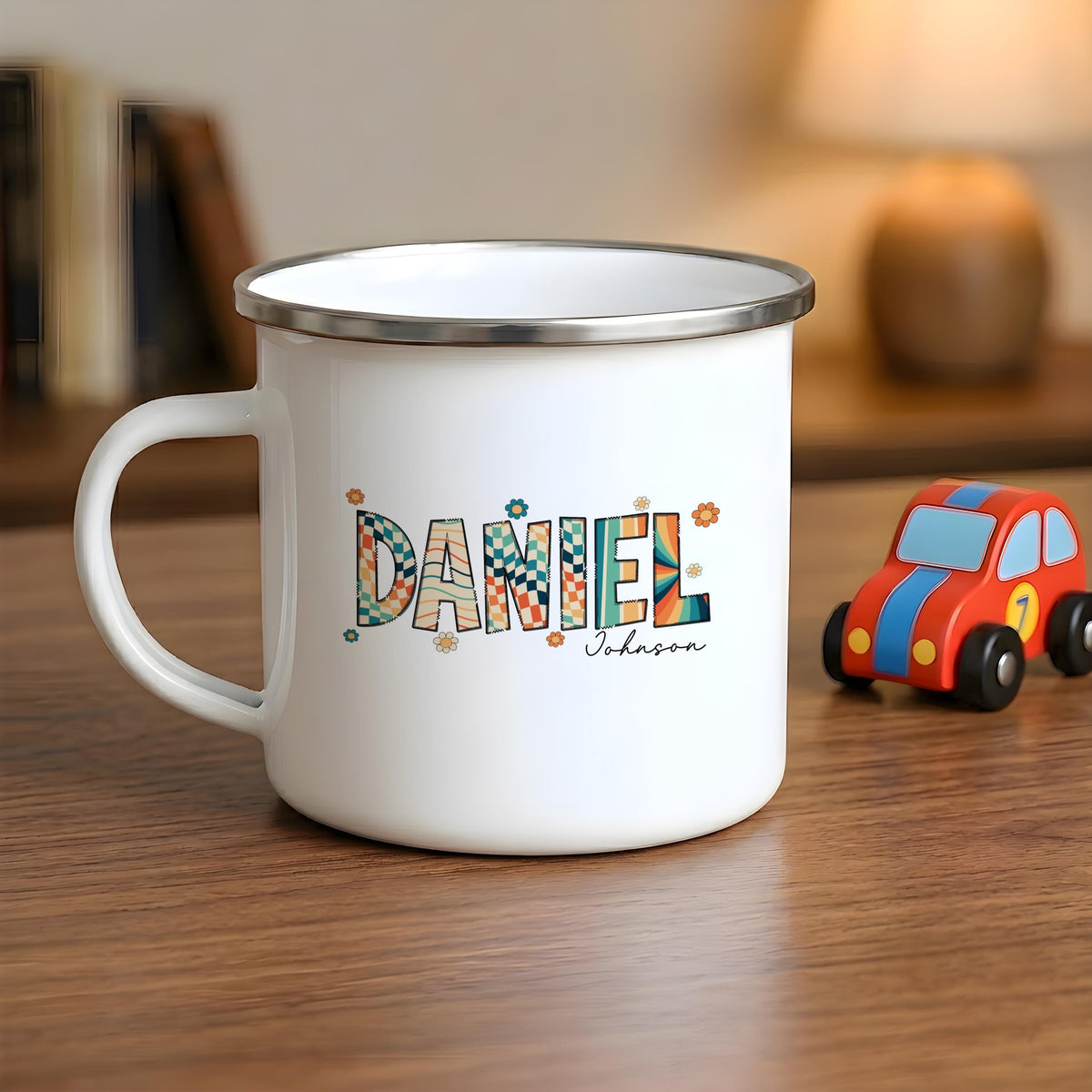 Personalized Retro Groovy Name Mug, Custom Colorful Camping Cup, Boho Floral Drinkware