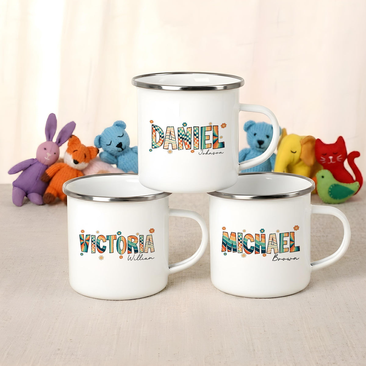 Personalized Retro Groovy Name Mug, Custom Colorful Camping Cup, Boho Floral Drinkware