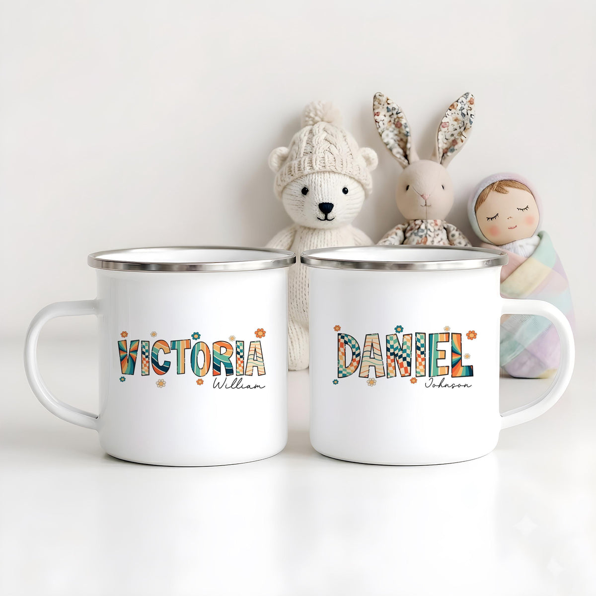 Personalized Retro Groovy Name Mug, Custom Colorful Camping Cup, Boho Floral Drinkware