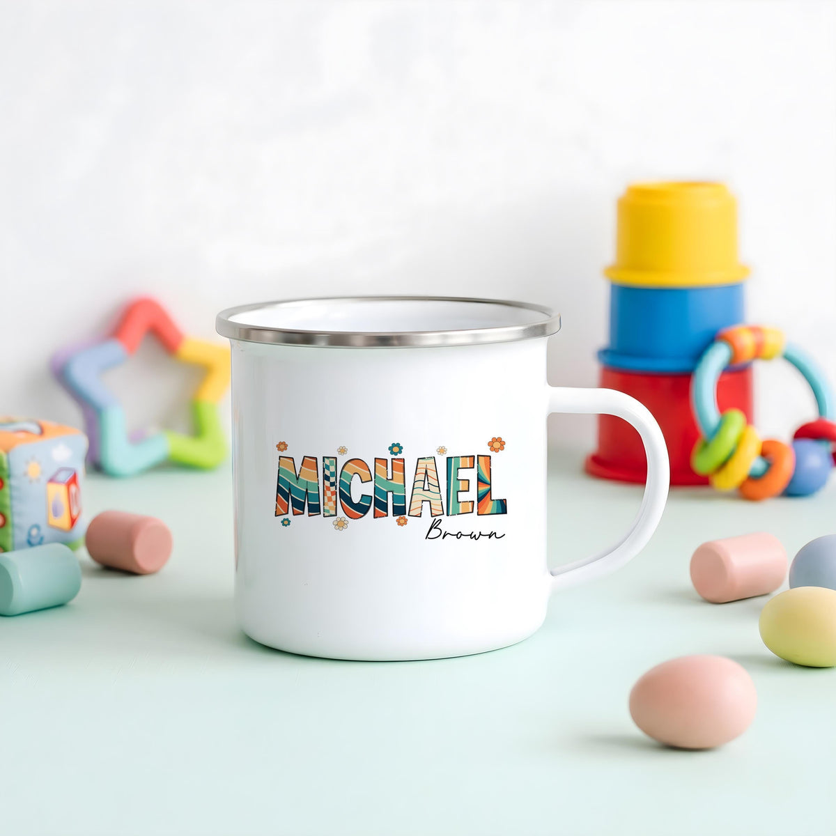 Personalized Retro Groovy Name Mug, Custom Colorful Camping Cup, Boho Floral Drinkware