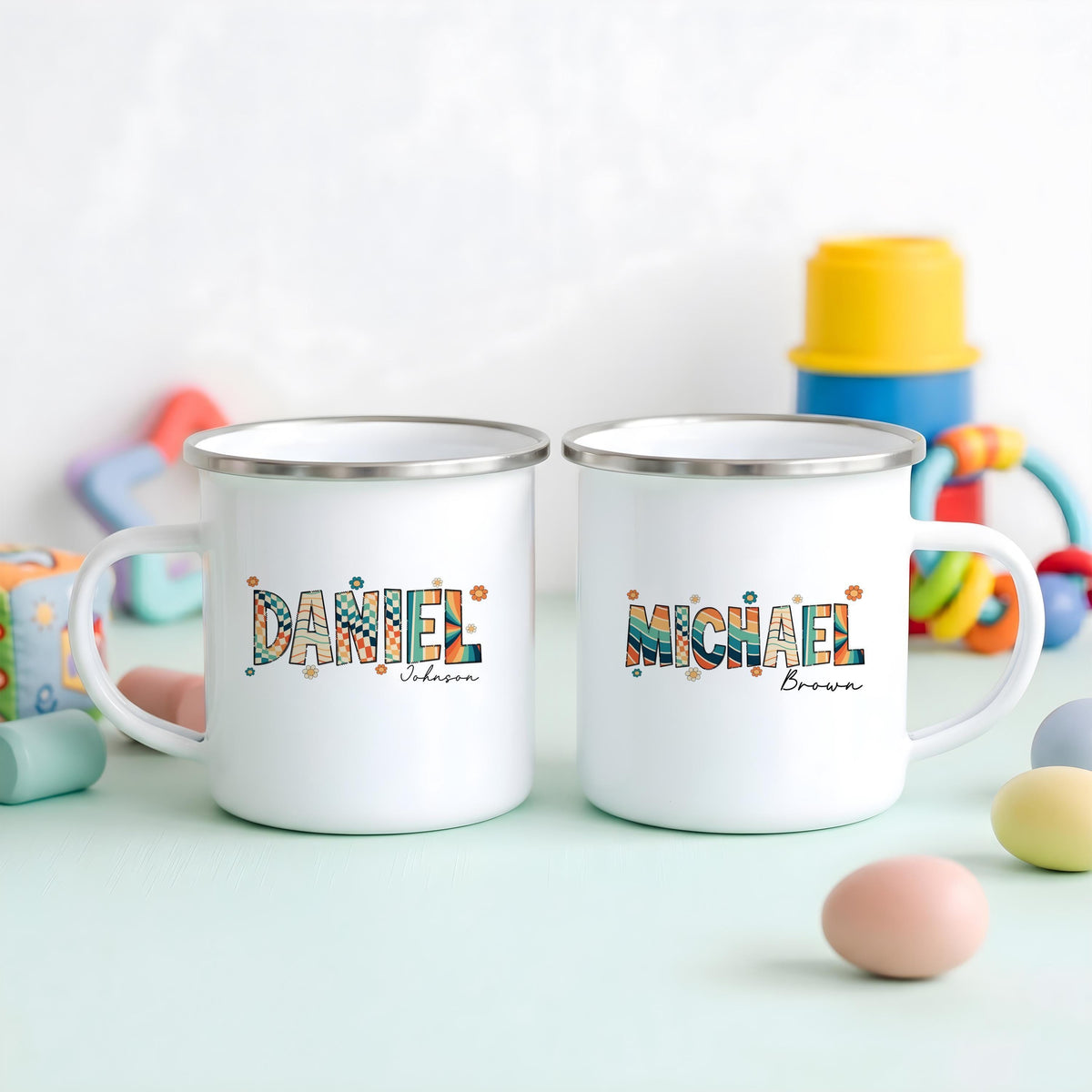 Personalized Retro Groovy Name Mug, Custom Colorful Camping Cup, Boho Floral Drinkware