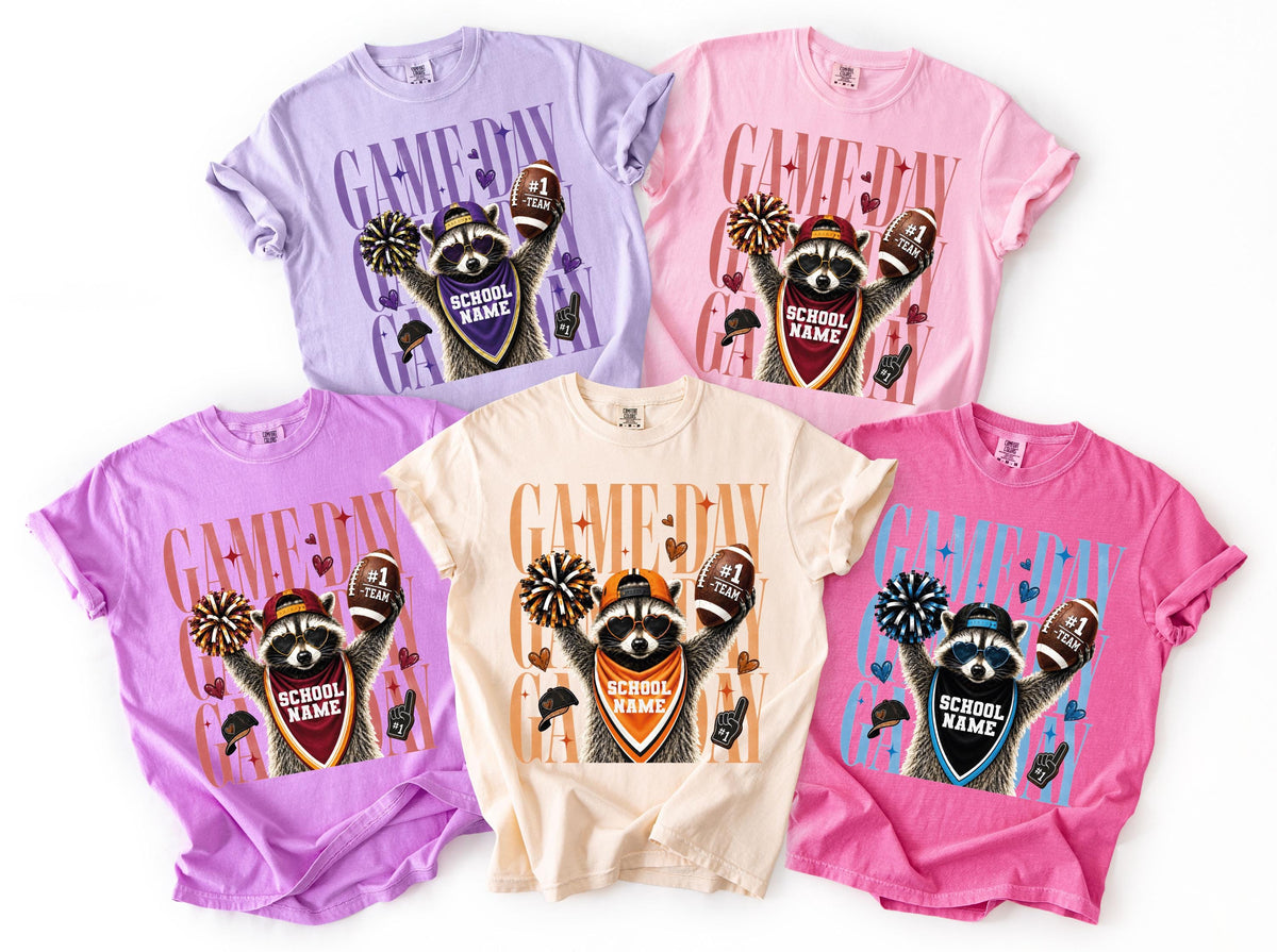 Game Day Raccoon Comfort Colors® Shirt, Custom School Name Shirt, Football Team Matching Tees