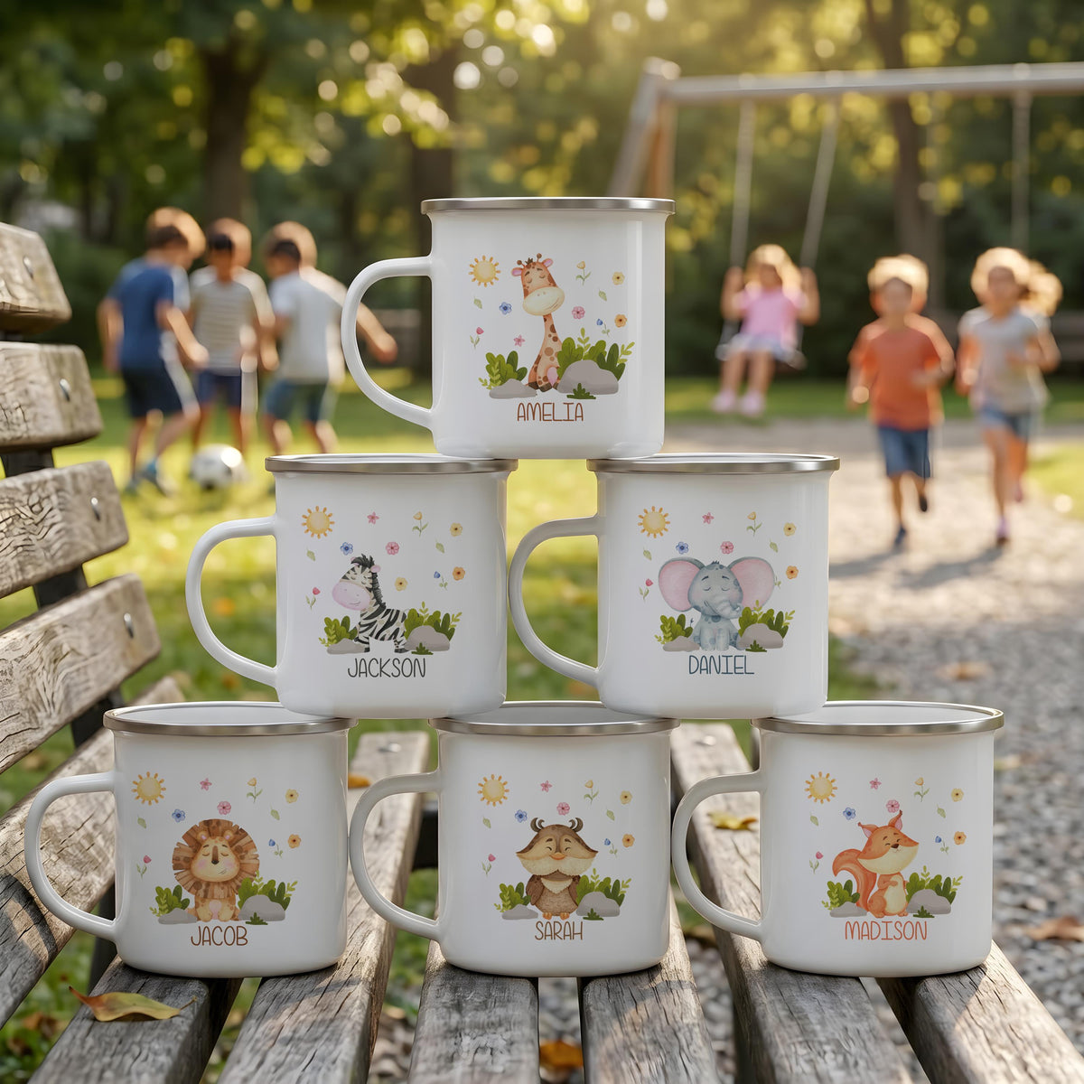Personalized Safari Animals Stainless Steel Kids Mug, Watercolor Adventure Cup