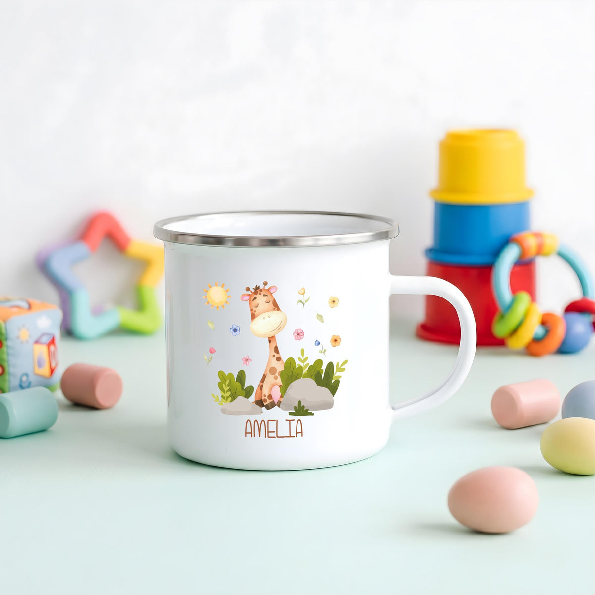 Personalized Safari Animals Stainless Steel Kids Mug, Watercolor Adventure Cup