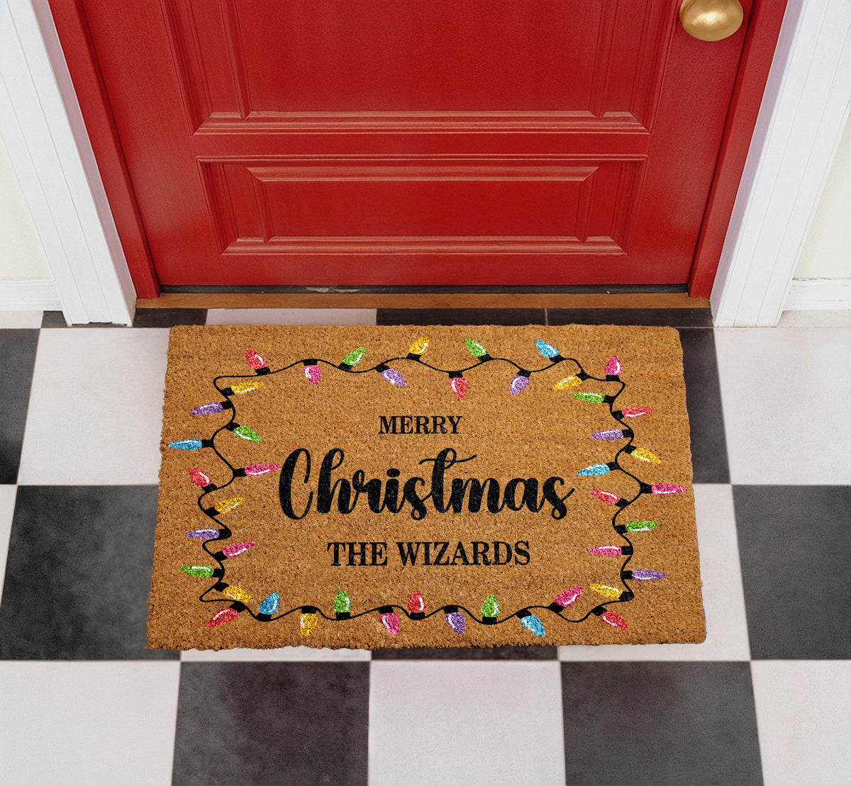 Personalized Christmas Lights Doormat, Custom Family Name Welcome Mat