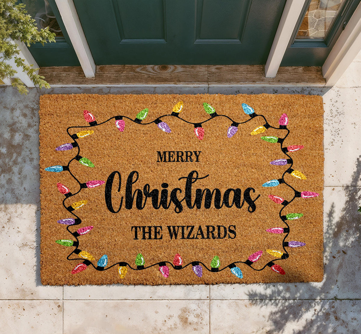 Personalized Christmas Lights Doormat, Custom Family Name Welcome Mat