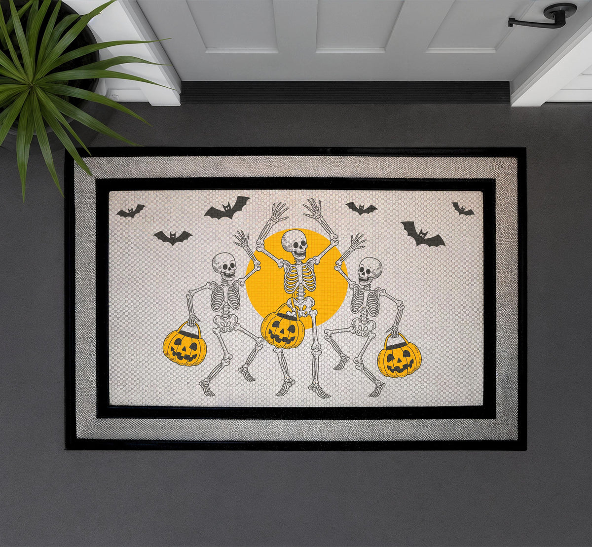 Dancing Skeletons Doormat, Spooky Halloween Porch Decor, Pumpkin Bats Welcome Mat