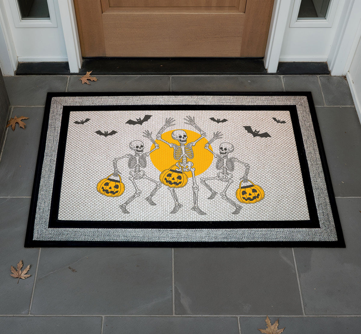 Dancing Skeletons Doormat, Spooky Halloween Porch Decor, Pumpkin Bats Welcome Mat