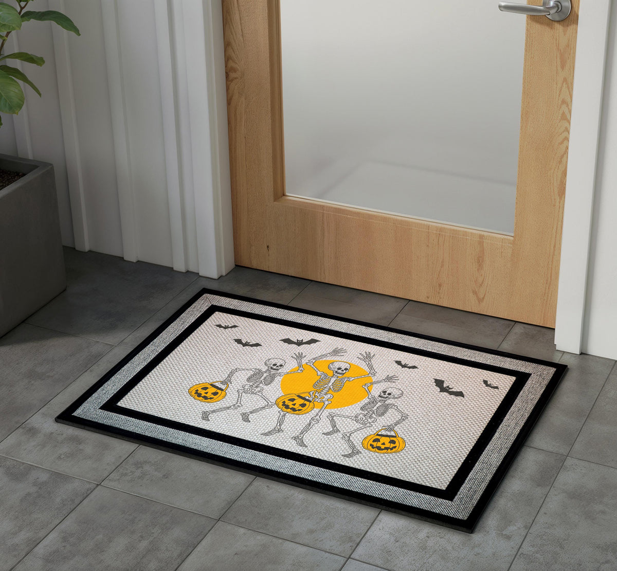 Dancing Skeletons Doormat, Spooky Halloween Porch Decor, Pumpkin Bats Welcome Mat