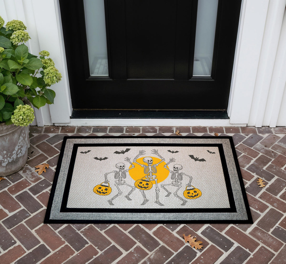 Dancing Skeletons Doormat, Spooky Halloween Porch Decor, Pumpkin Bats Welcome Mat