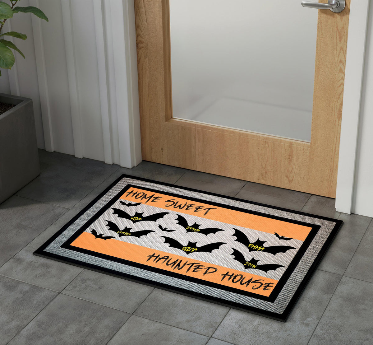 Personalized Spooky Bat Doormat, Haunted House Welcome Mat, Custom Family Names, Halloween Porch Decor